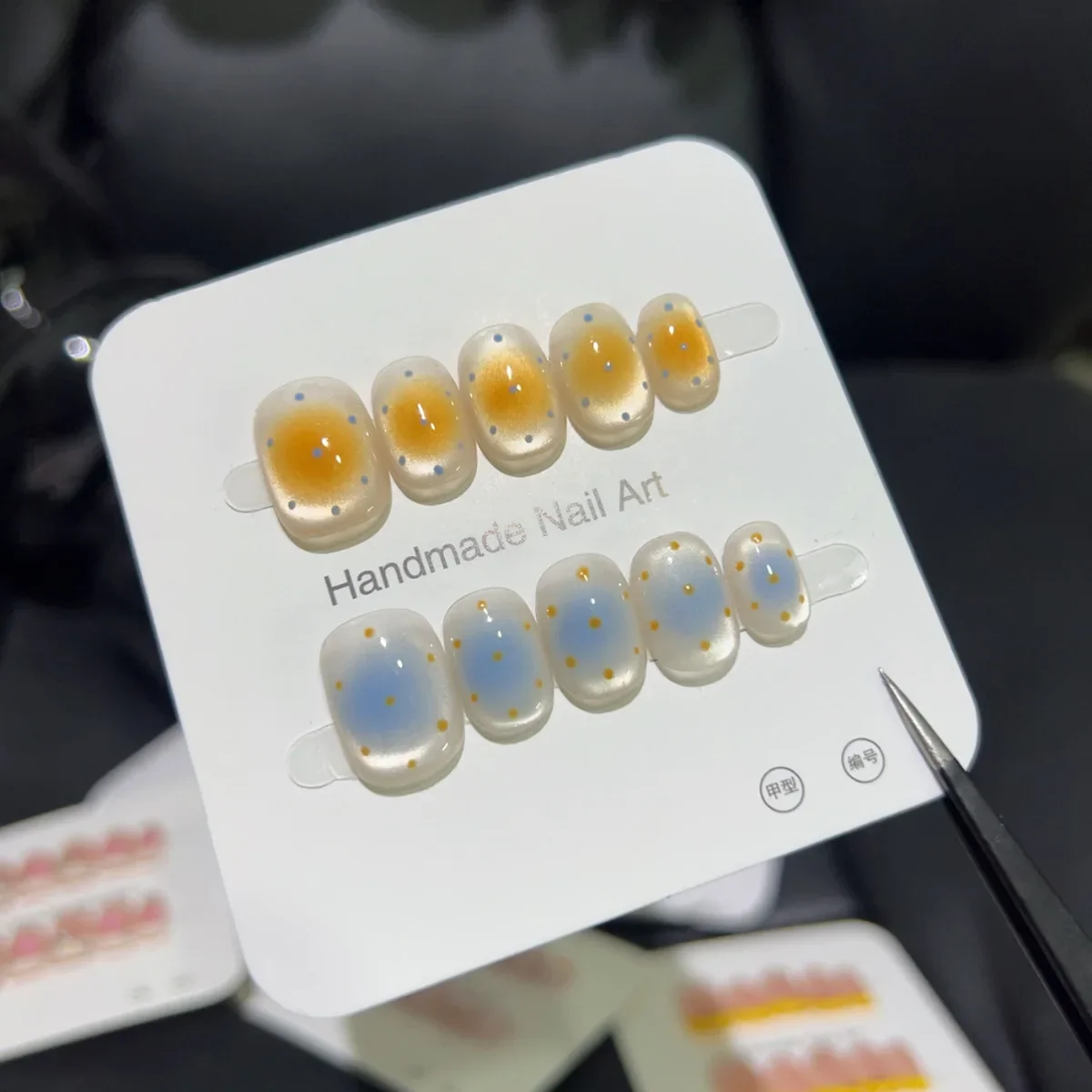 10PCS Handmade Press on Nails Sparkling Cat Eyes Fake Nails Hand Drawn Geometric Color Blocks Star Glitter Nail Flakes