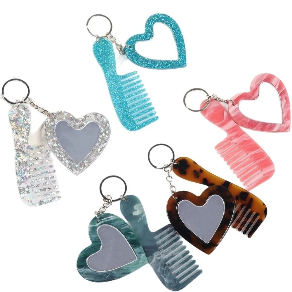 High-end Mini Heart Makeup Mirror Keychain Simple Anti Loss Car Keyring Colorful Shining Keychain Pendant Gift