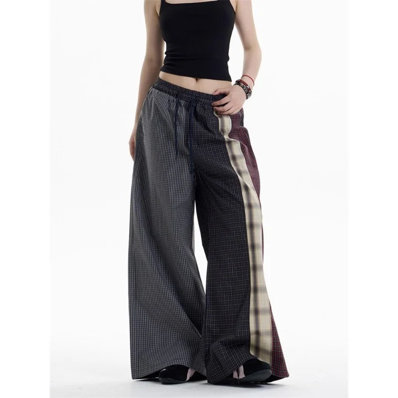 

American Retro Irregular Plaid Contrasting Color Spliced elastic Waist Wide-leg Pants Loose Casual Trousers