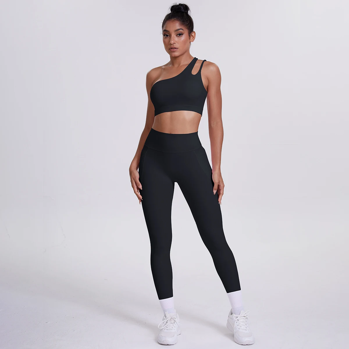 2-teiliges einfarbiges Sport-Yoga-Set für Damen, sexy, schräger Schulter-BH, Fitness-Top, Laufen, Radfahren, Taschen, Hosen, Fitnessstudio, Yoga-Set – Detail 12