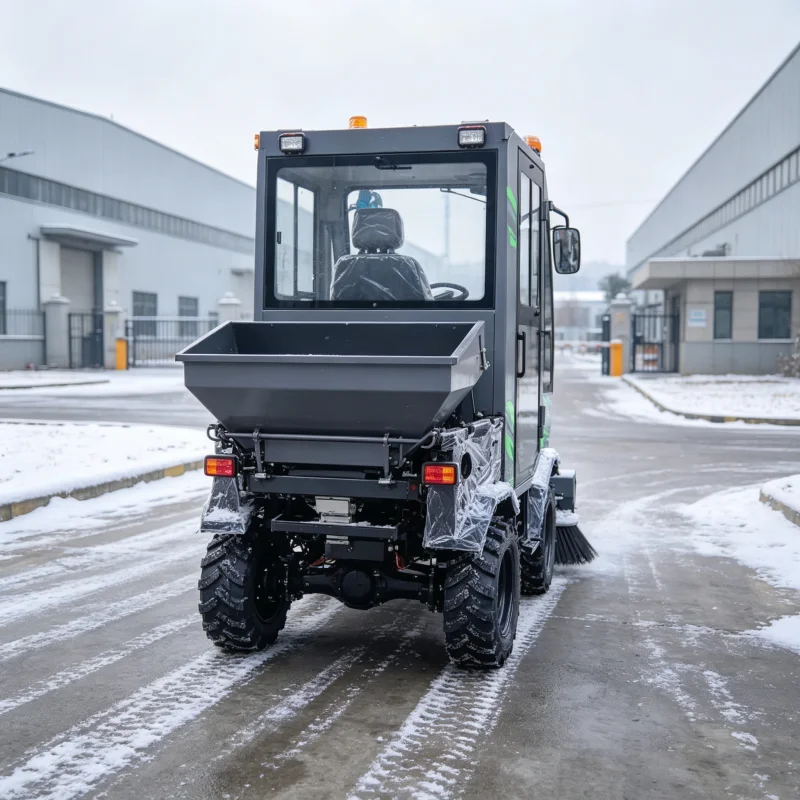 Commercial Ride On Snow Sweeper With Enclosed Cabin And Wide Rotary Brush For Urban Roads Parking Lots Winter Cleaning Areas