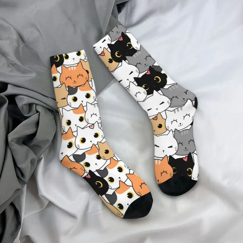 Cute Kitten Cat Doodle Men's Crew Socks Unisex Fun Funny Cartoon Spring Summer Autumn Winter Dress Socks