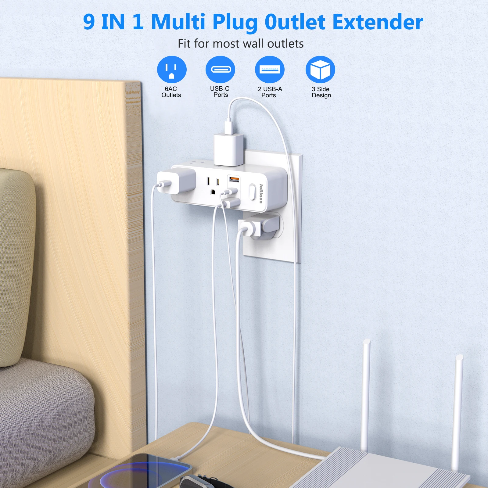 360°Rotating Power Strip US Plug with 6 AC Outlets 3 USB Ports 1 Type-C,Multiple Wall Socket with Switch Network Filter for Home