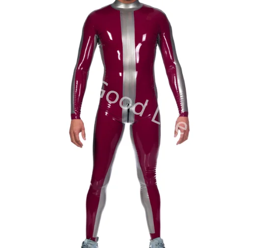 Latex Rubber Gummmi Red and Black stitched Jumpsuit role play party hand customized Latex Catsuit