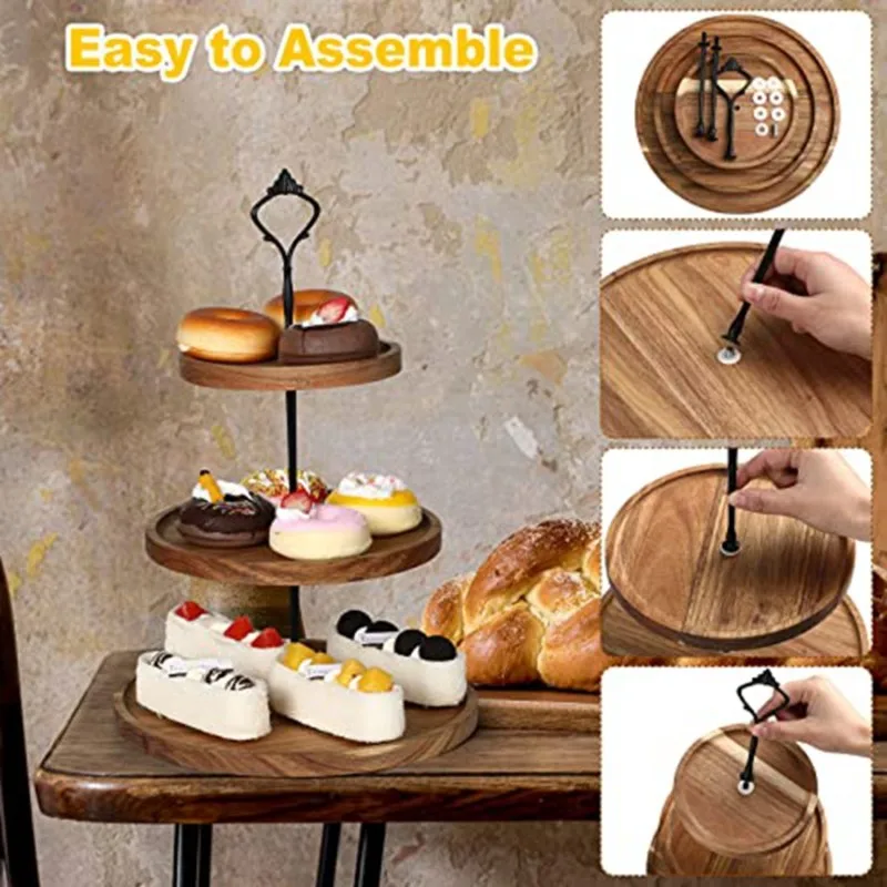 A03F-European Style Wooden Dessert Stand-Elegant Triple-Layer Cake Tray For Home For Shelf Decor