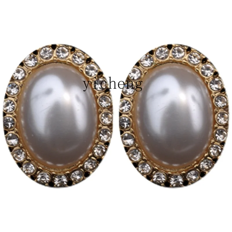 

HSN court style silver needle with diamonds oval pearl stud earrings Hepburn style no hole earrings