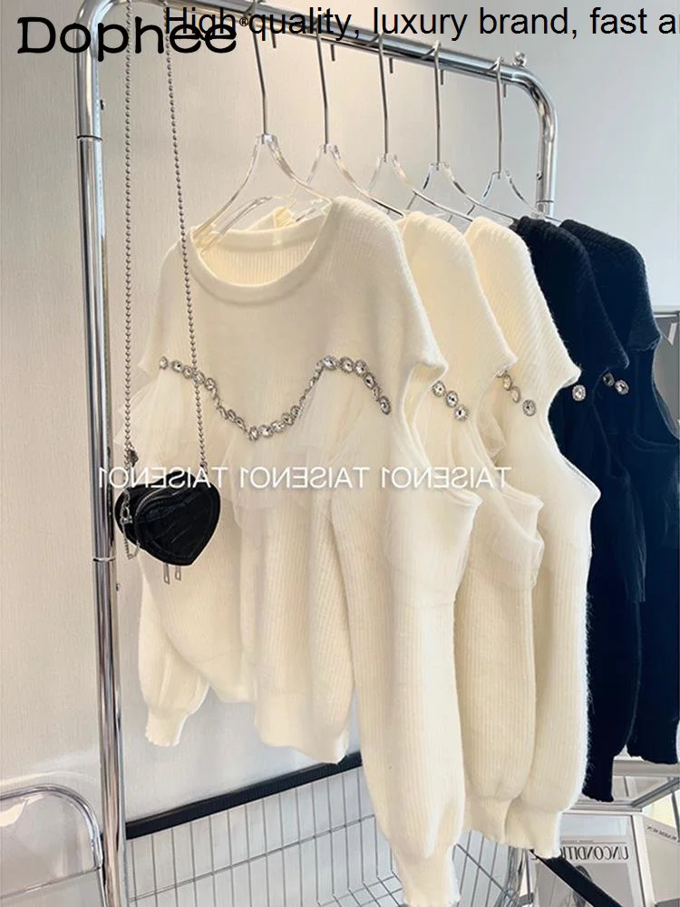 New Autumn Winter Mesh Ruffled Exquisite Rhinestone Sexy Off-Shoulder Sweater Women Loose Fashion Black White Knitwear Jumper