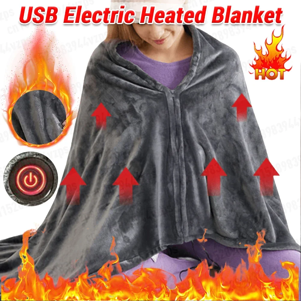 

USB Electric Heated Blanket 3 Heating Levels Fleece Heated Blanket Wearable Throw Over Blanket for Household and Office