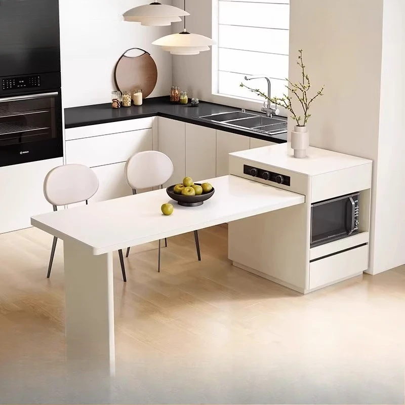 

Island table integrated retractable household kitchen falling cabinet rock slab guide table
