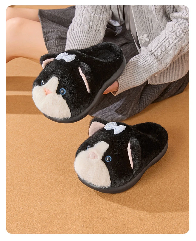 Winterwarme, geschlossene Katzenpantoffeln für Damen, verspielte, seitlich gefleckte, flauschige Loafer, flauschige Hausschuhe für Damen, Plüschpantoffeln. – Detail 17