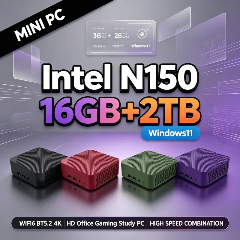 New Intel N150 Windows 11 Mini PC Portable Gaming Desktop Host 16GB RAM 1TB/2TB SSD WiFi 6 BT5.2 Small Office Computer for Gamer