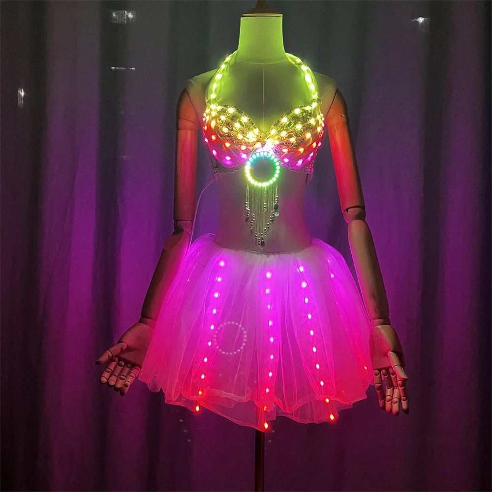 Led RGB Women Girl Sound Control Skirt Bra Costumes Skirt Bar DJ Singer Performance Clothes Dresses Led Tutu Skirt Jacket Suit