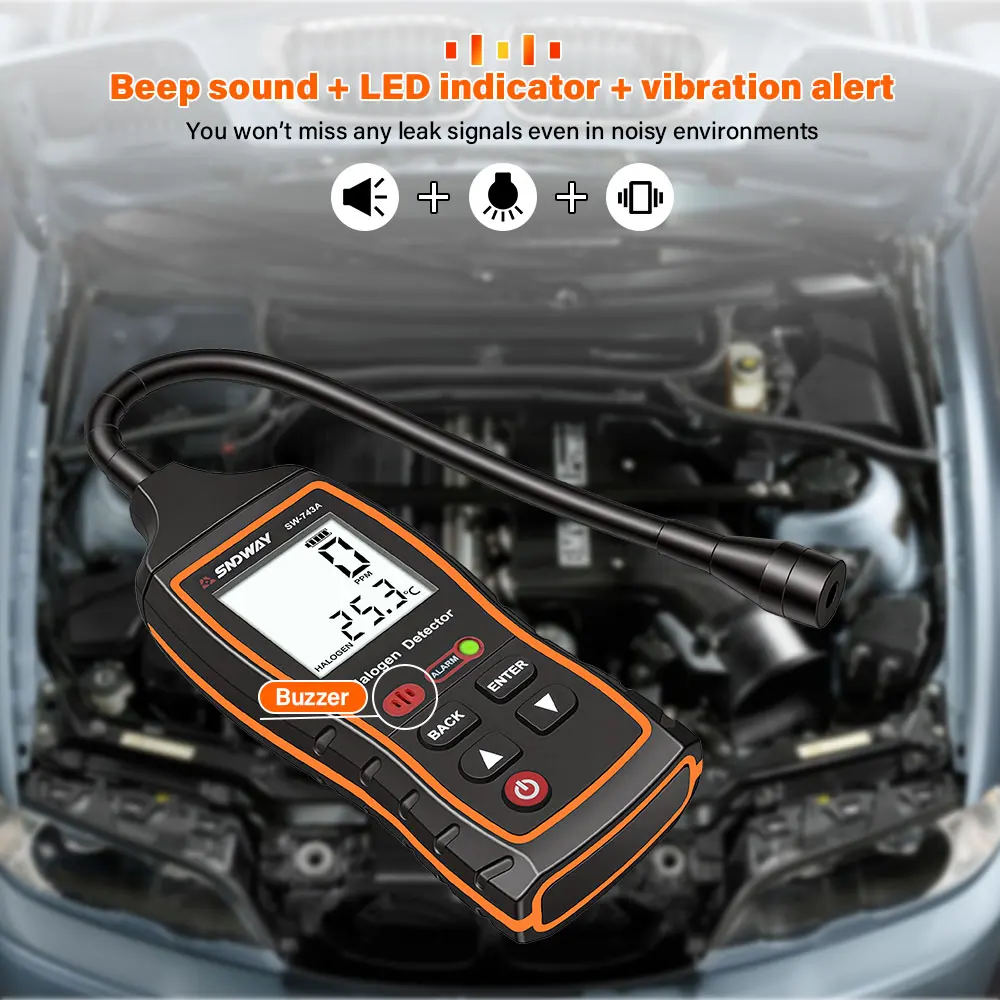 SW743A Freon Leak Detector Refrigerant Gas Sniffer 0-1000PPM LCD Backlight For R22 R32 R134a Air Conditioner HVAC