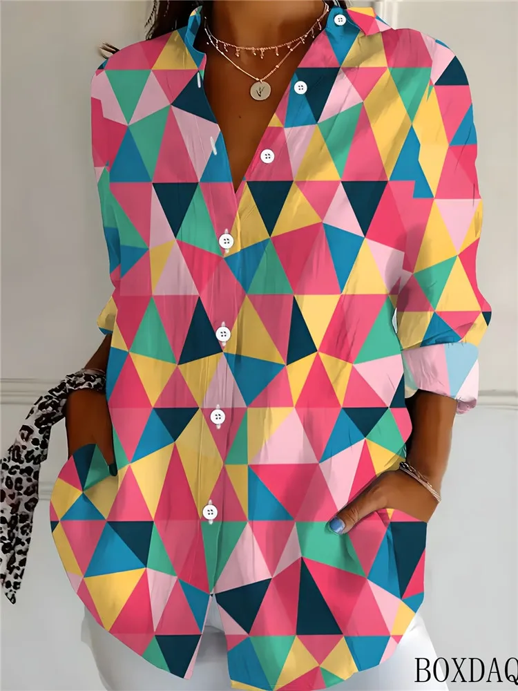 Women's New 3D Triangle Geometric Pattern Printed Blouse Loose Office Women's Tops Long Sleeved Lapel Button Casual Shirt Autumn