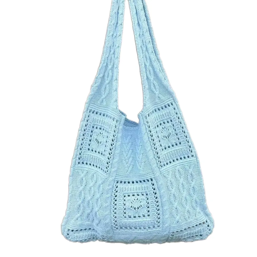 

Portable Knitted Crochet Handbag Hollow Out Breathable Woven Tote Bag Large Capacity Solid Color Summer Beach Bag Spring