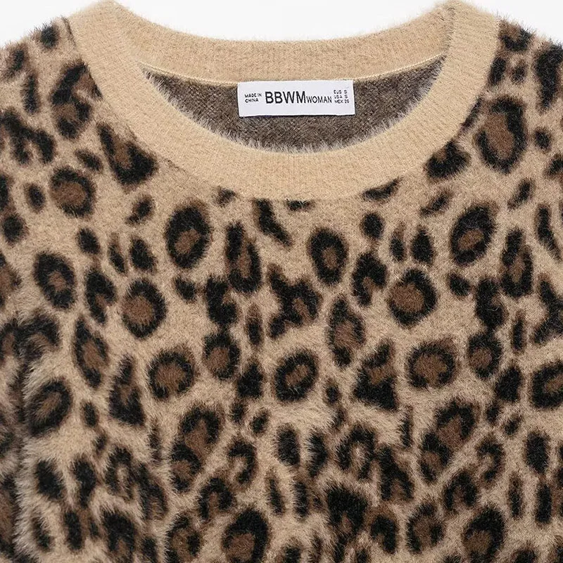 

Fake Fur Leopard Sweater 2025 Winter New American Style Splicing O-neck Knitted Pullover Fashion Thicken Long Sleeve Warm Tops