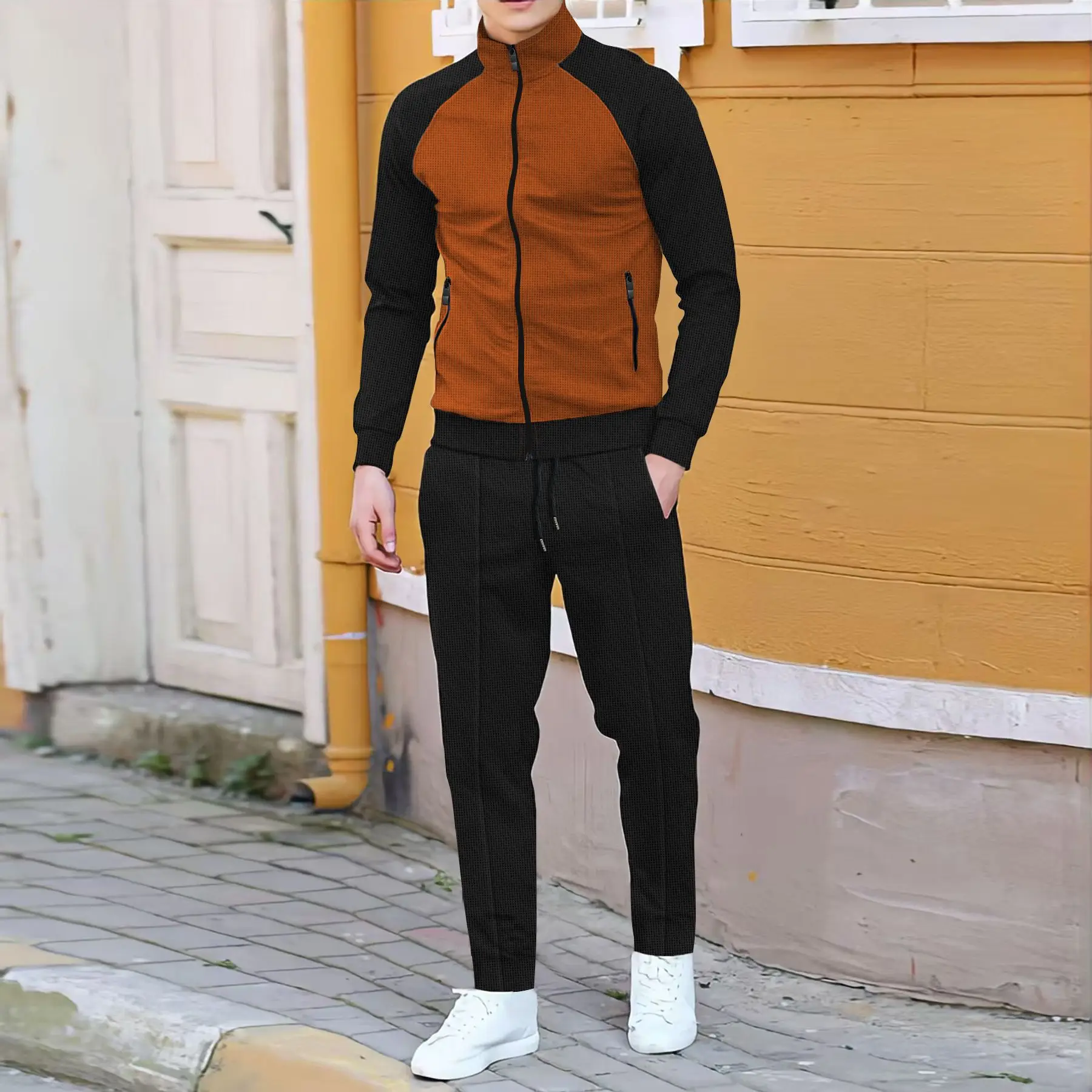 Abito casual da uomo primaverile e autunnale con contrasto di colore alla moda con giacca a collo alto con manica a rotatore + pantaloni sportivi