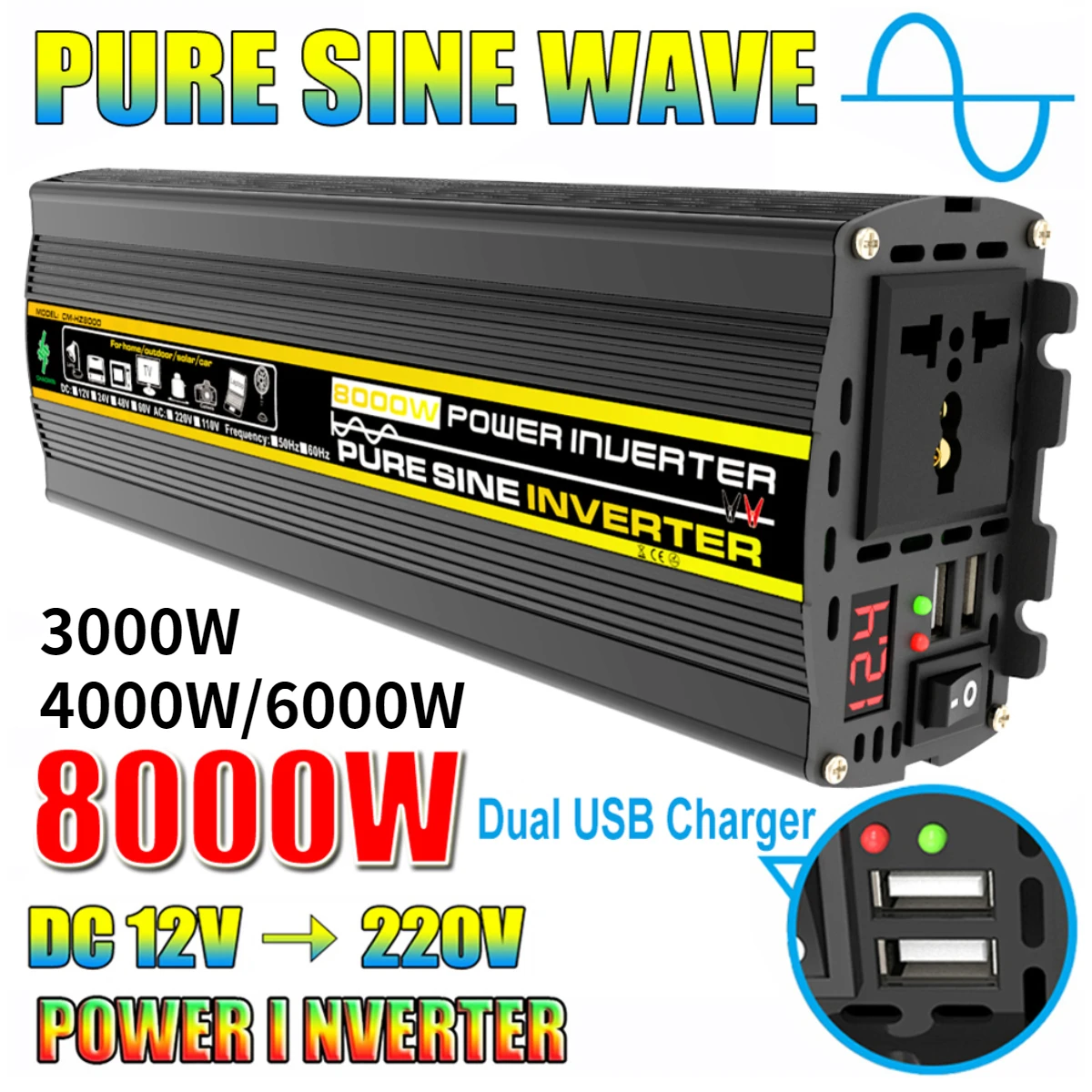 Pure Sine Wave Inverter DC 12V To AC 220V 3000/4000/6000/8000W Voltage Transformer Power Converter Car Inverter for Car Outdoor