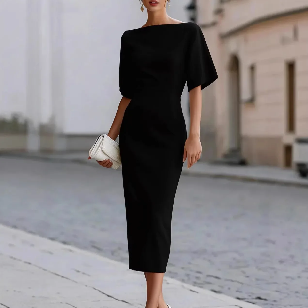 Vestido midi de corte lápiz, con escote barco, mangas cortas tipo murciélago, ajustado al cuerpo, elegante, ideal para eventos formales, fiestas y cócteles.