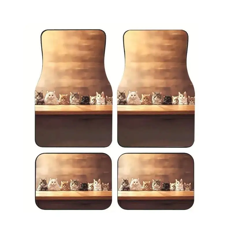 

4pcs Cute Cats On Shelf Car Floor Mats Anti-slip Waterproof Auto Foot Carpets Warm Brown Style Print For Car SUV Interior Decor