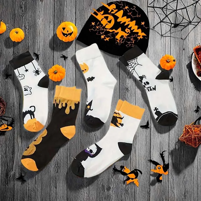 

1-20Pairs Halloween Couples Socks with Skull Pumpkin Pattern Autumn Winter Trendy Mid Calf Sock Halloween Party Gift