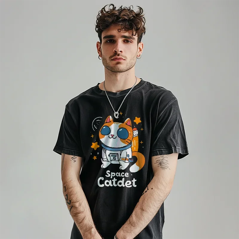 Short Sleeve Washed T Shirt Men,Space Catsdet Theme Printed T-shirt, Vintage Hip Hop Streetwear Tshirt, Unisex Y2k Top Tees