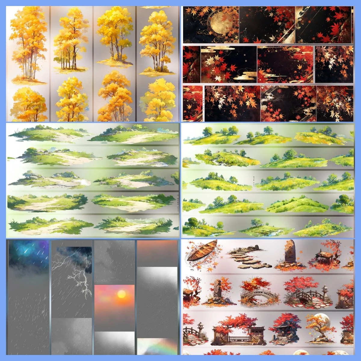 Ancient Style Trees, Path, Flower PET Washi Tape Landscape Background Scenic Collage