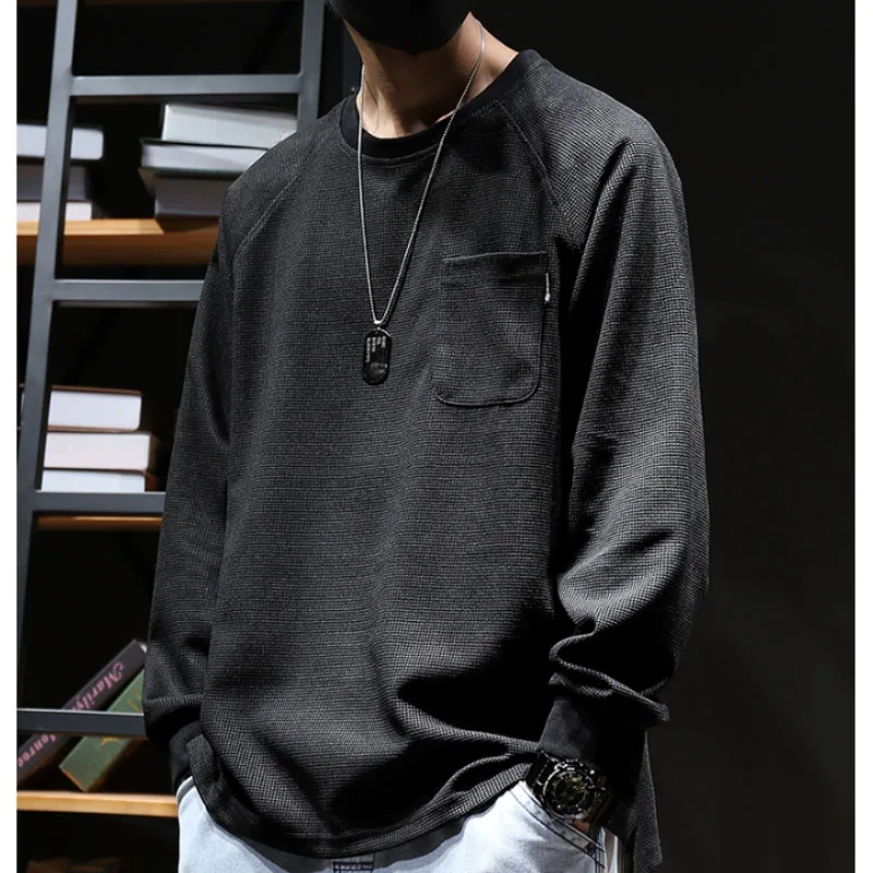 New Spring and Autumn Fashion Brand Waffle True Pocket Solid Round Neck Loose and Versatile Handsome Slim Men\'s Casual Sweater