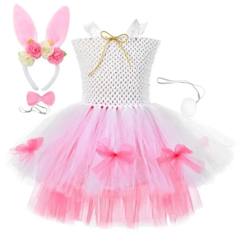 Girls' Easter Bunny Costume,White‑Pink Rabbit Ballet Tutu Dress,Kids' Festival Outfit, Comes with Flower‑Decorated Ears and Tail