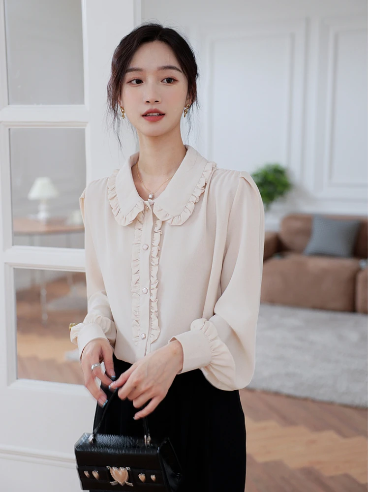 Shirts Women Peter Pan Collar Lantern Sleeve Solid Stringy Selvedge Fashion Youth All-match Simple Leisure Female Autumn Cute