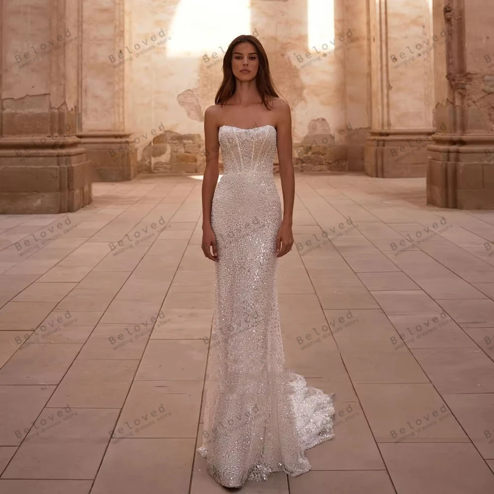 Modern Wedding Dresses Glitter Bridal Gowns Beading Appliques Sexy Strapless Backless Robes Pretty Vestidos De Novia Customized