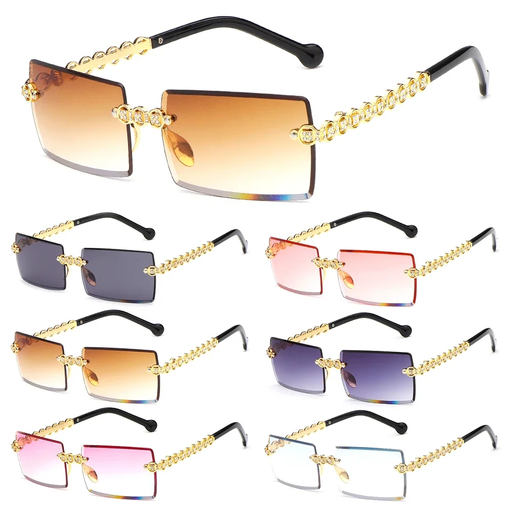 Diamond Rimless Rectangle Sunglasses UV400 Fashion Glasses