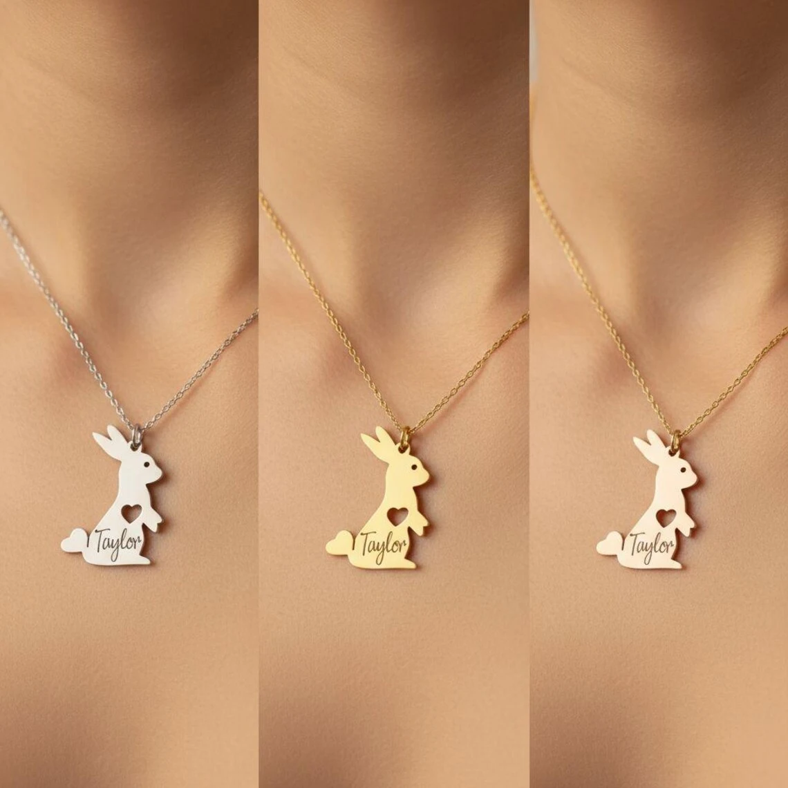 Personalized Engrave Name Necklace with Bunny for Women Kid Stainless Steel Custom Rabbit Pendant Children Easter Jewelry Gift