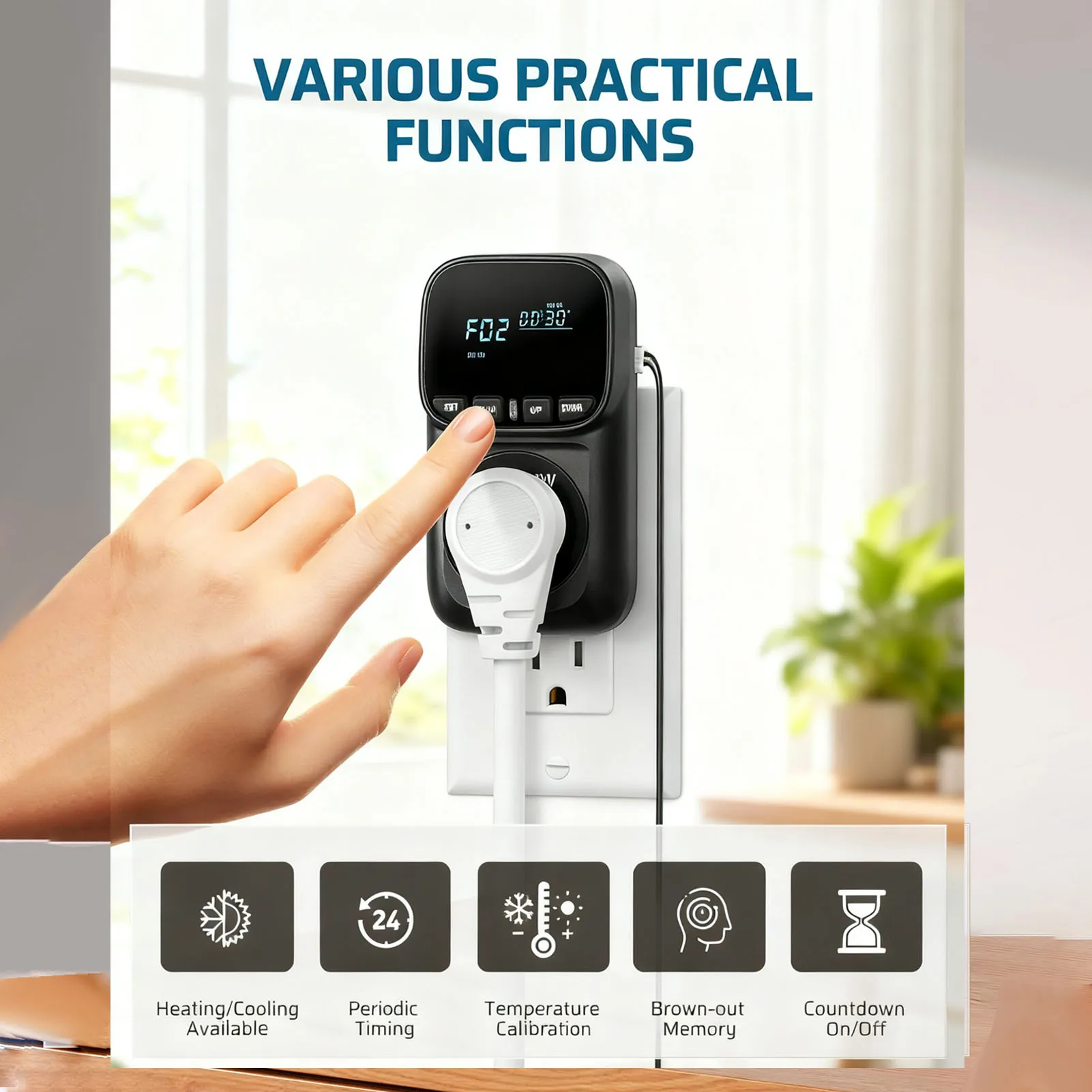 Thermostat Outlet Plug with VA Screen Countdown Temperature Controller for Fish Tank Greenhouse -40℃ to 120℃ Black Casing