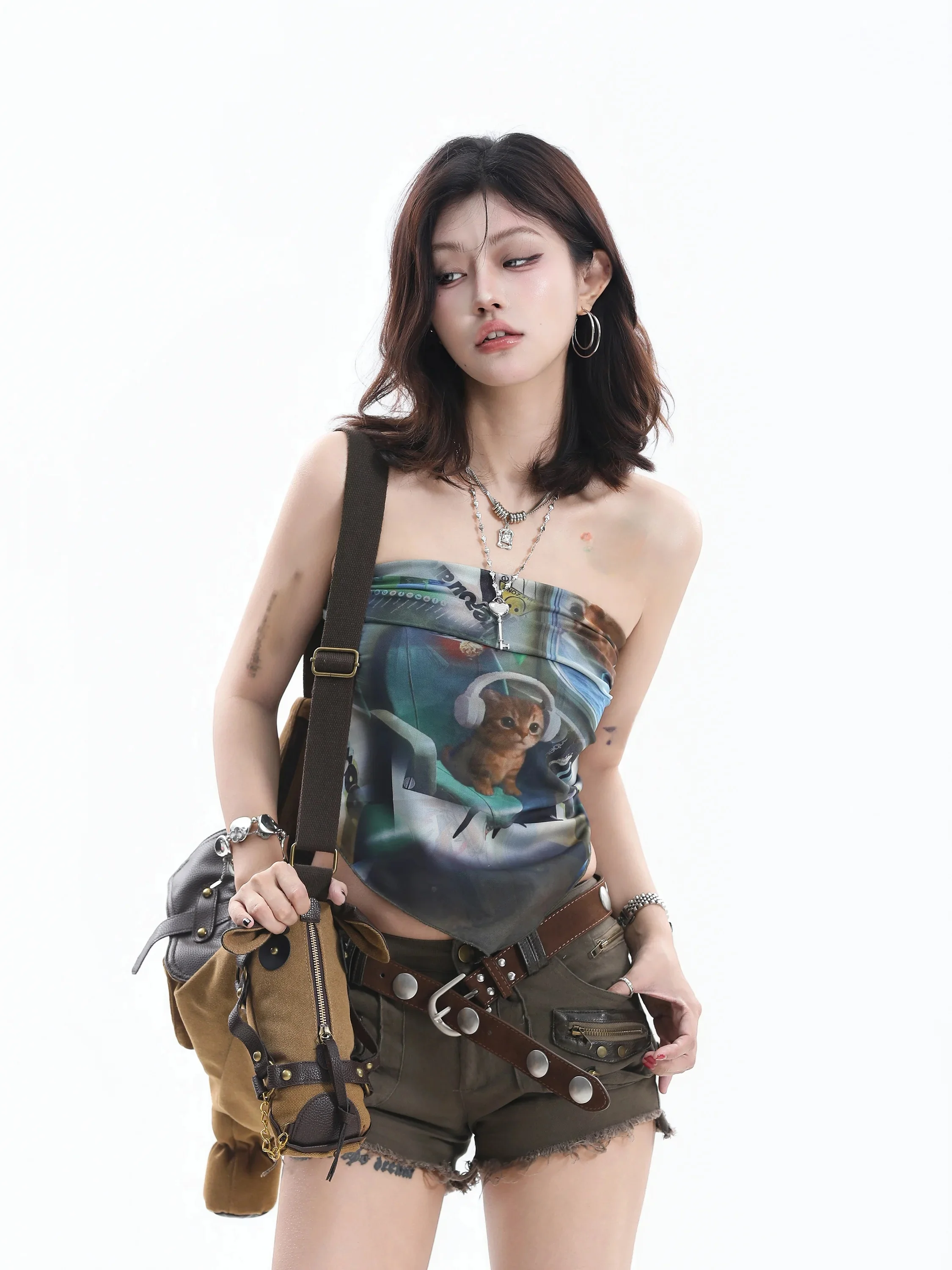 Small Ball American Hot Girl  Print Wrap Bustier Women's Strapless Silk Scarf Slim Fit Trendy Street Style Short Length