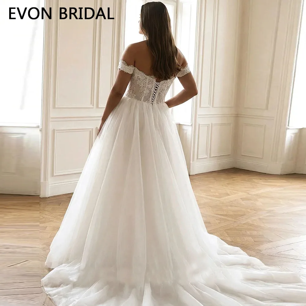 EVON BRIDAL Corset Wedding Dress Plus Size Customized Off The Shoulder Beading Applique Glitter Tulle A Line Bridal Gown