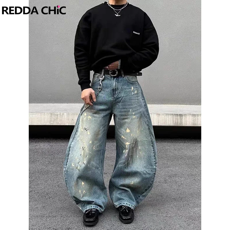 

REDDACHIC Retro Do Old Splash Ink Denim Horseshoe Pants Men Washed Whiskers High Waist Casual Wide Baggy Jeans Hiphop Streetwear