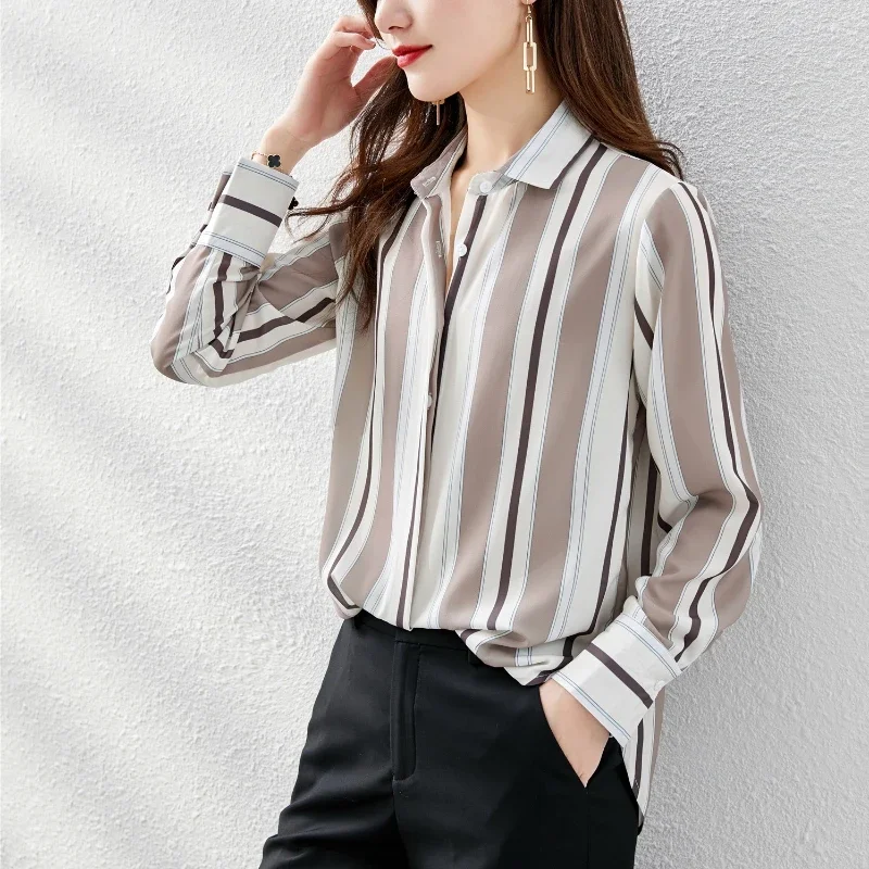 Chiffon Women Shirt Button Up Shirt Long Sleeve Blouse Korean Fashion Women Clothing OL Stripe Casual Shirts Basic Womens Tops