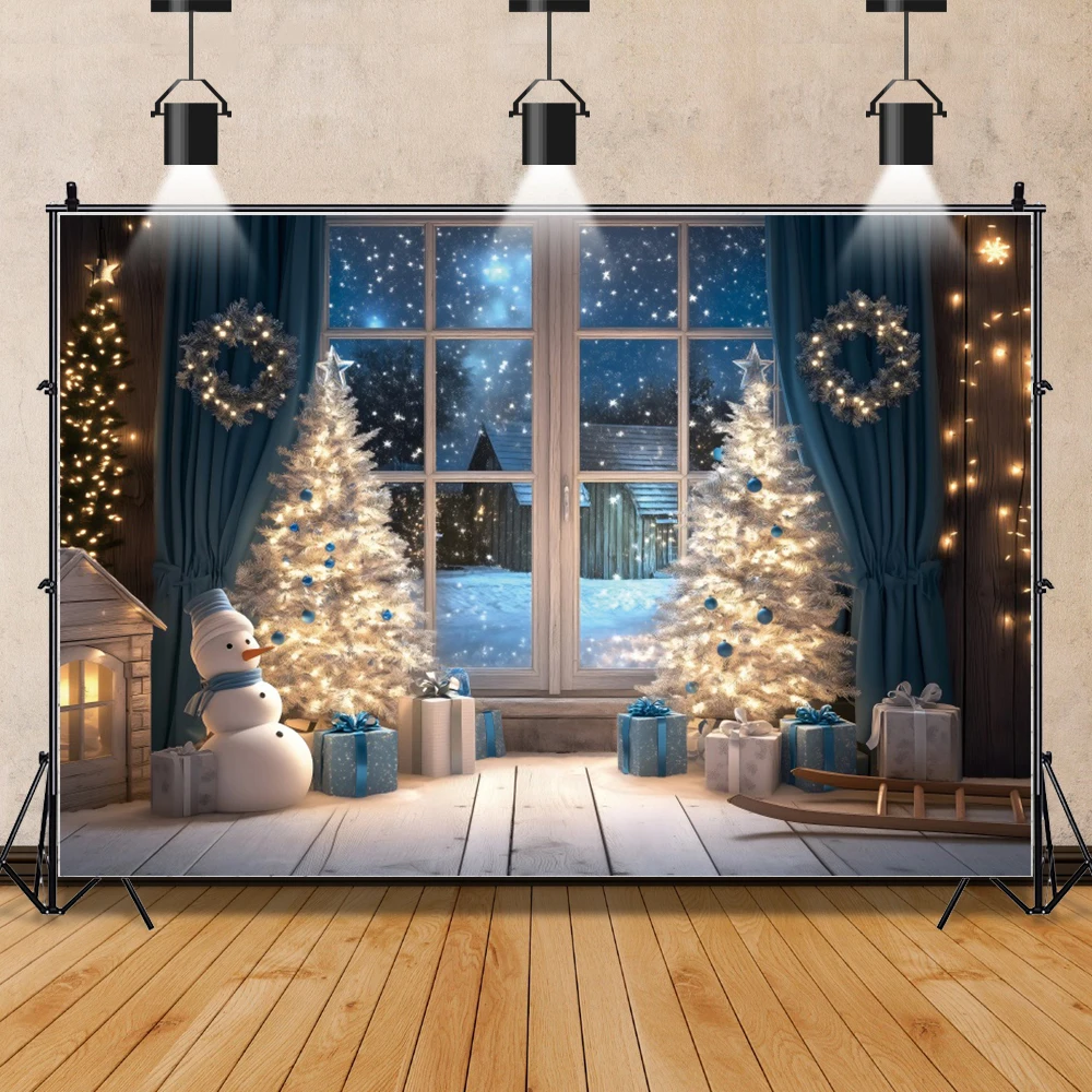 Christmas Night Flash String Photography Background Winter Window Christmas Tree Snowman Party Decor Backdrop  Photo Booth Props