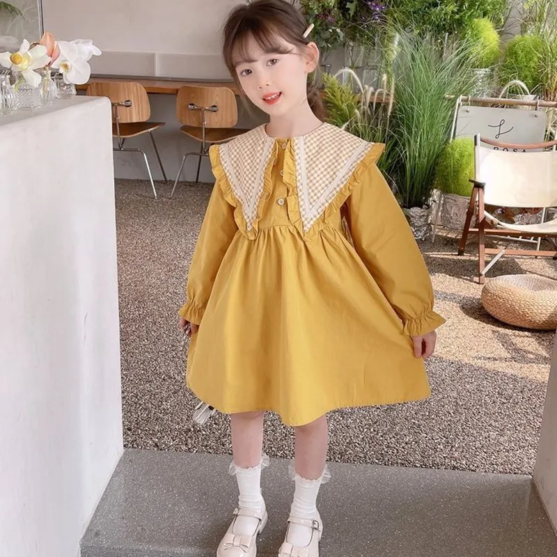 Teenage Girls Dress 2024 Spring New Children\'s Ruffle Doll Neck Princess Dress Girls\' Baby Korean Cotton Long Sleeve Dress