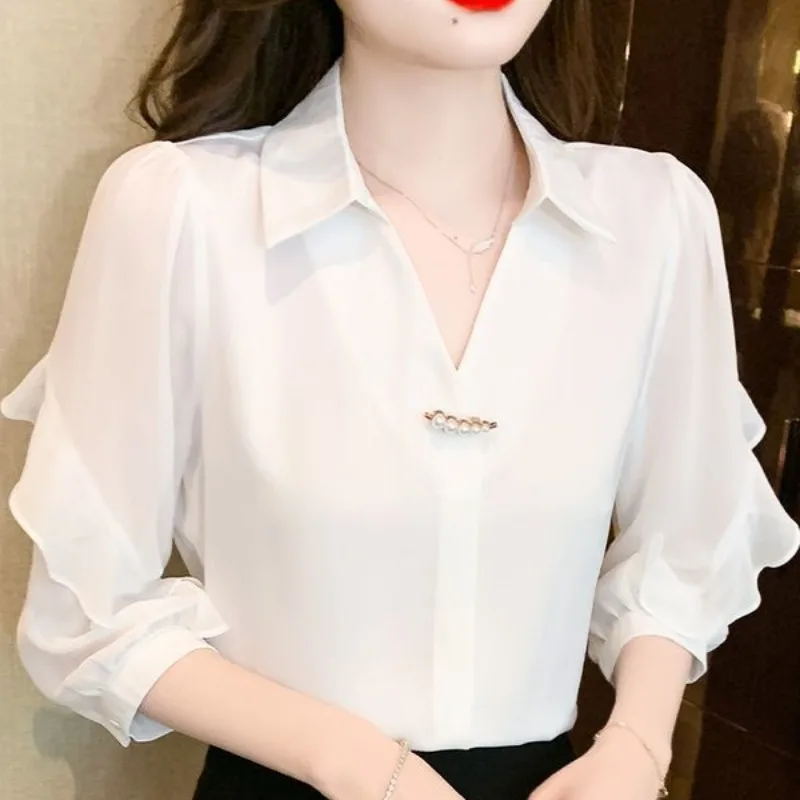 Women\'s Summer New Fashion Commute Solid Color Spliced Ruffles 3/4 Sleeve Chiffon Blouses Work Wear Half Open Collar Chic Shirts