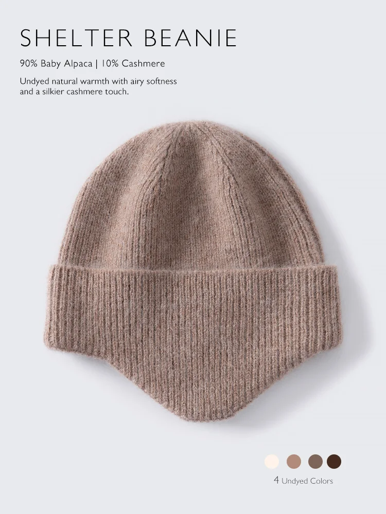 SHELTER BEANIE Earflap Beanie 90% Fine Alpaca 10% Cashmere Luxury Undyed Ear Warmer Luxury Knit Hat Pull-On Ear Warmer  Cap