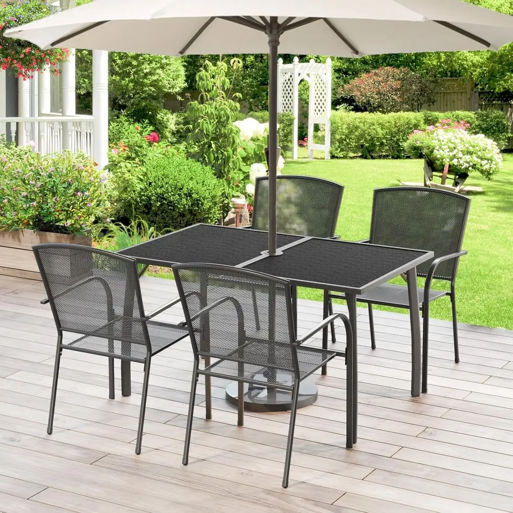 

Outdoor Patio Dining Set for 4, 51 Rectangular Table with Umbrella Hole, 4 Stackable Chairs Included