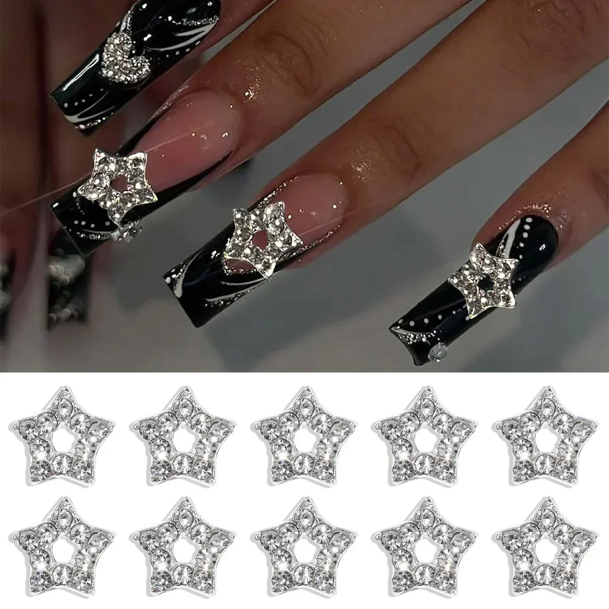 3D Exquisite Heart Crown Five-pointed Rhinestones Nail Charms Luxury Gold/Silver Diamond Jewelry Nail Decoration Accessories