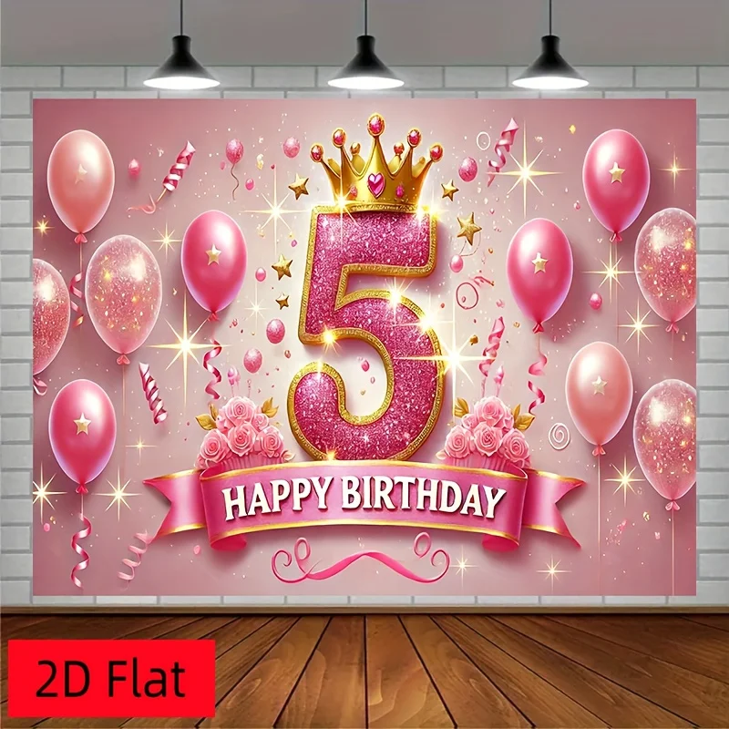 5th Birthday Glitter Balloon Tapestry, Pink Sparkle Number 5 Design, Kids Party  for Birthday Photo Backdrop and Room Decor