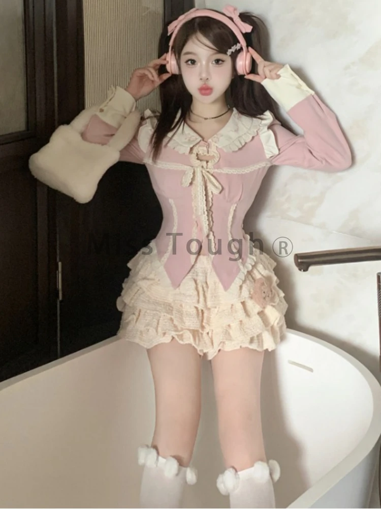 Autumn Japanese Kawaii Two Piece Set Women Hollow Out Designer Sweet Skirt Set Female Princess Ruched Cake Skirt Suit 2023 New