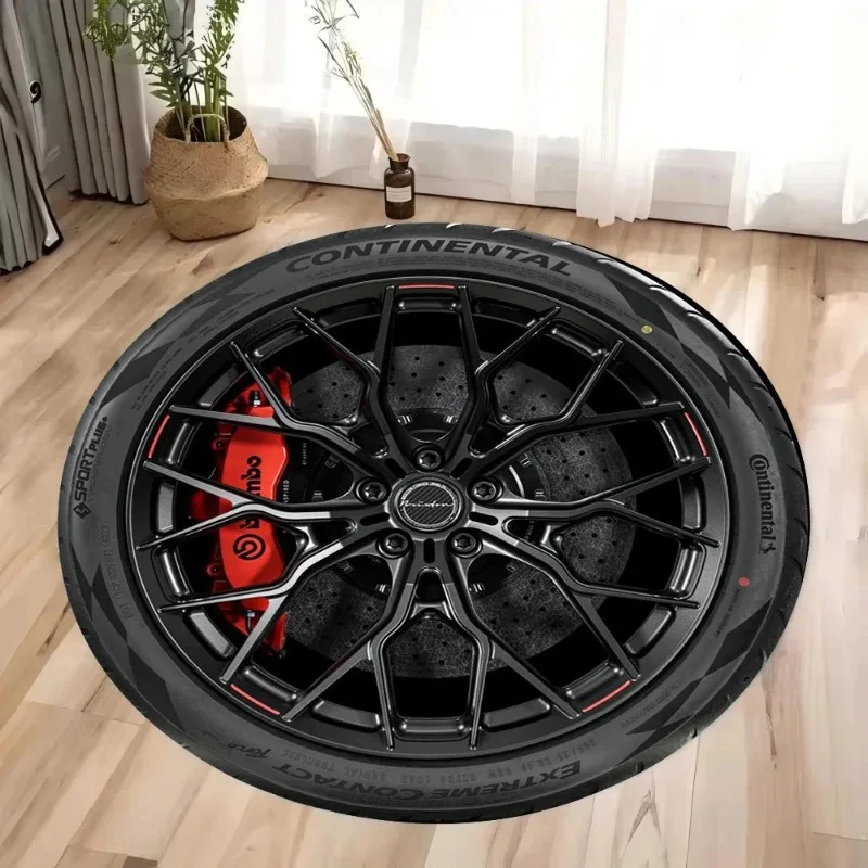 1pc Classic Sports Car Wheel Pattern Round Rug, Non-slip Floor Mat for Living Room, Bedroom, Bathroom, Holiday Home Decoration