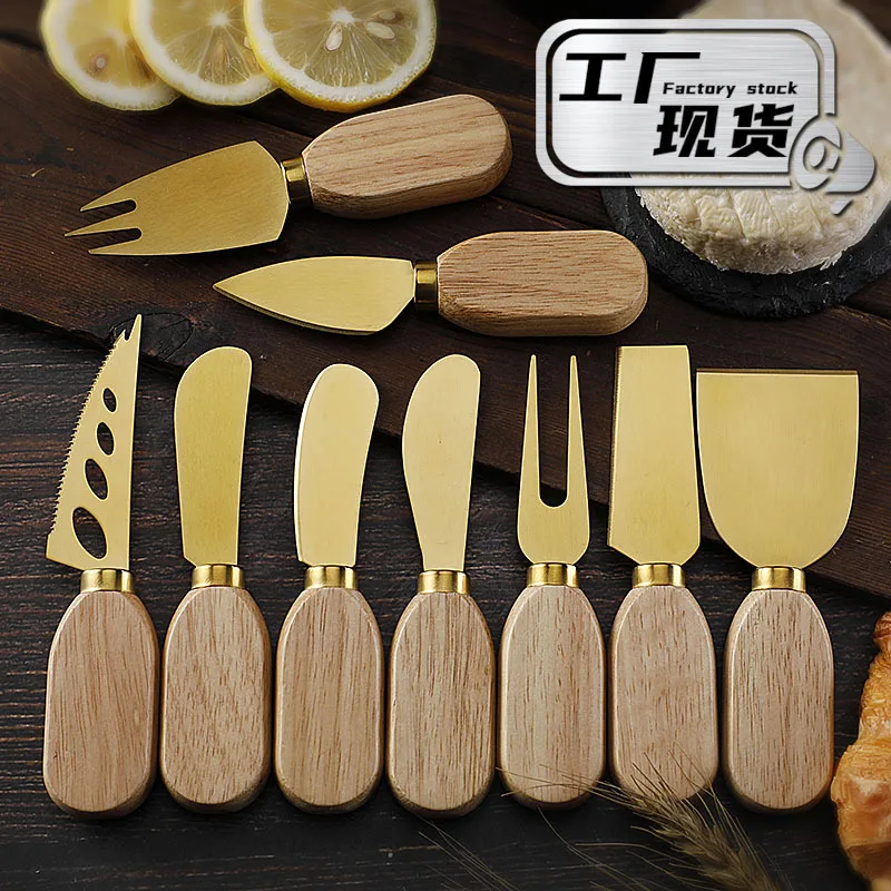 

Stainless steel kitchen knife gold cheese rubber wooden handle cheese knife butter cheese knife fork