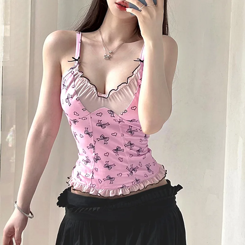 Two-piece Set Y2k Sexy Hollow Bow Red Spice Girl Bow Hollowed-out Halter Dating Music Festival See-through Net Skirt Summer