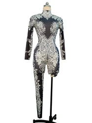 Sparkly Rhinestones Gold black white Jumpsuit sexy Dancer Performance Show Stage Nightclub DS Dance  drag queen festival outfits